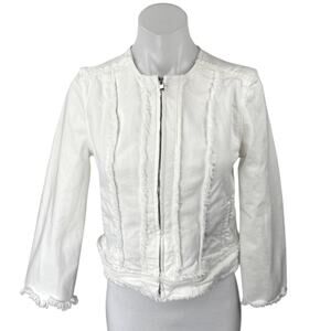 Liverpool Women's White Frayed Fringe Zip Up Long Sleeve Denim Jean Jacket Sz XS
